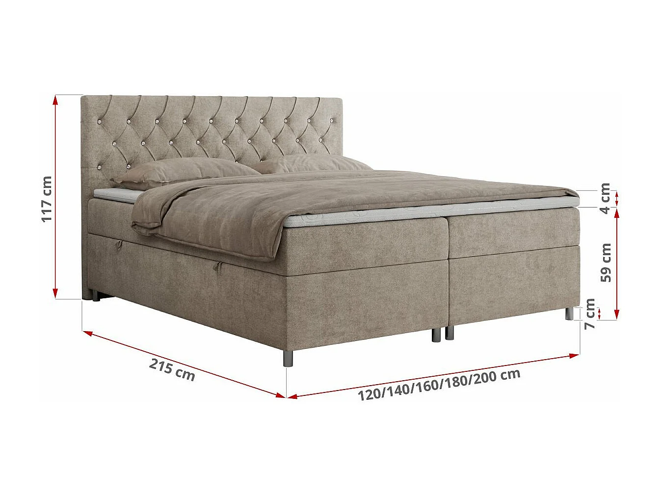 Boxspringbett ROMA mit gestepptem Kopfteil, Multipocket-Matratze, dekorative Füße - 200x200 cm - H4 - Beige Strukture