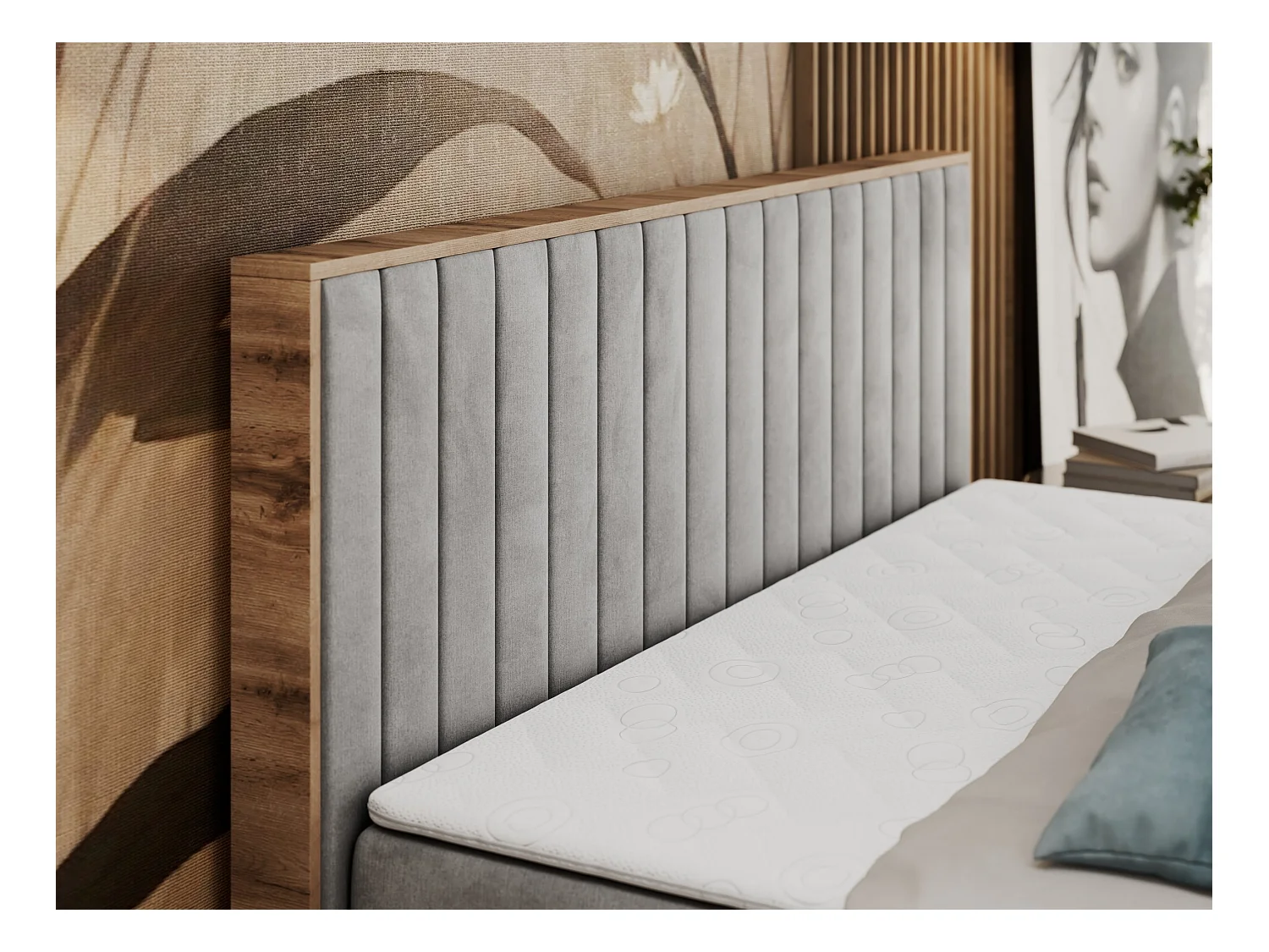 Boxspringbett ALBERO 4, Eiche Wotan Holzrahmen, mit Stauraum, genähtes Kopfteil - 140x200 cm - H4 - Hellgrau Velvet