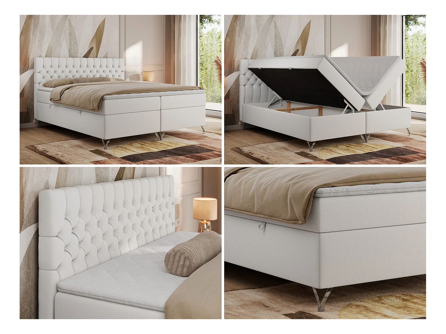 Boxspringbett GRIMALDI mit zwei Bettkästen, gesteppter Kopfstütze, Metallfüßen - 140x200 cm - H4 - Weiß Kunstleder