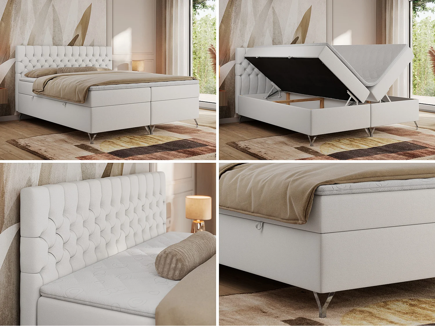 Boxspringbett GRIMALDI mit zwei Bettkästen, gesteppter Kopfstütze, Metallfüßen - 140x200 cm - H4 - Weiß Kunstleder