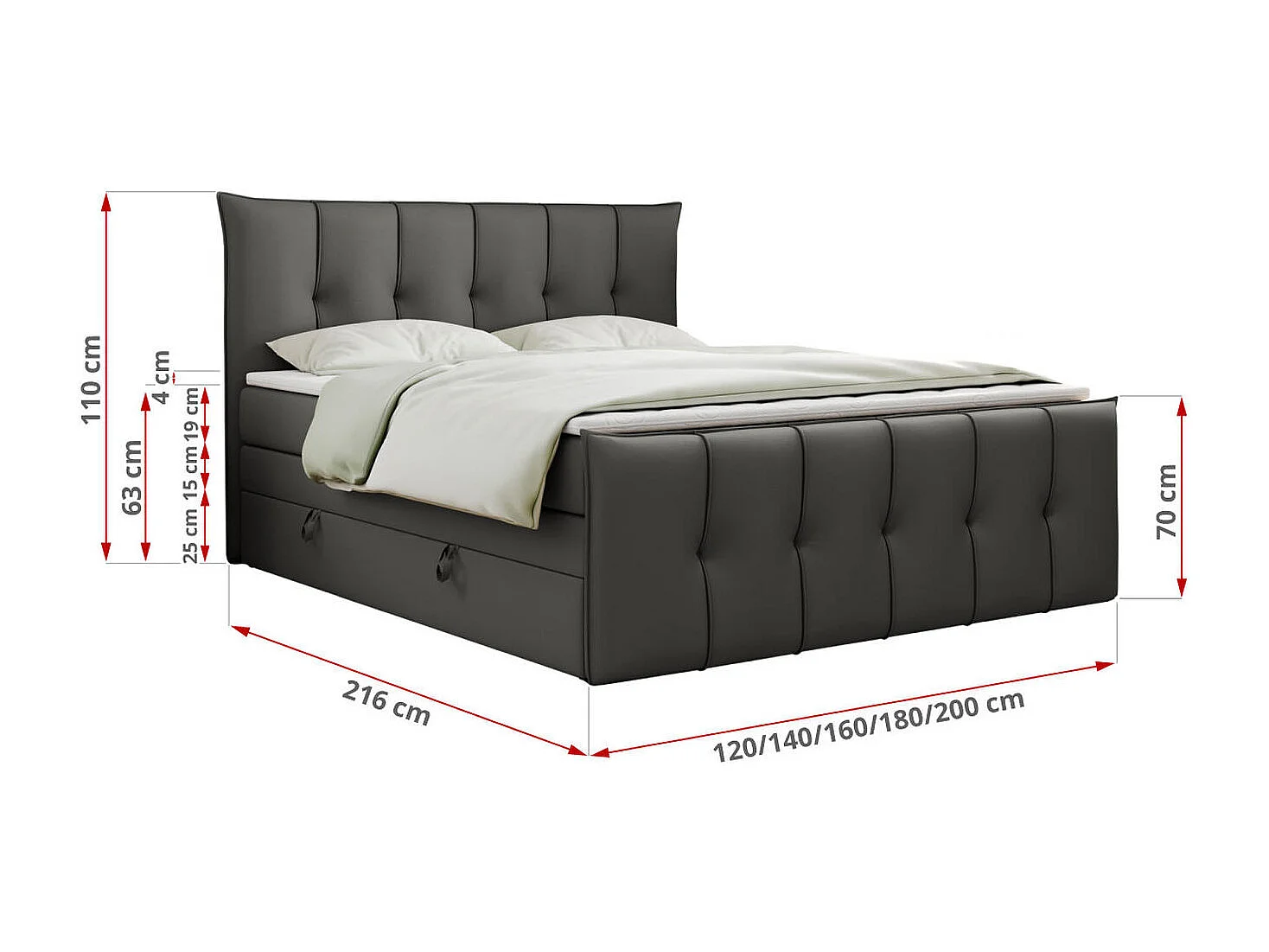 Boxspringbett PREMIUM 11 KING mit Stauraum, gestepptes Kopfteil, zwei Multipocket-Matratzen - 160x200 cm - H4 - Dunkelgrau Kunstleder
