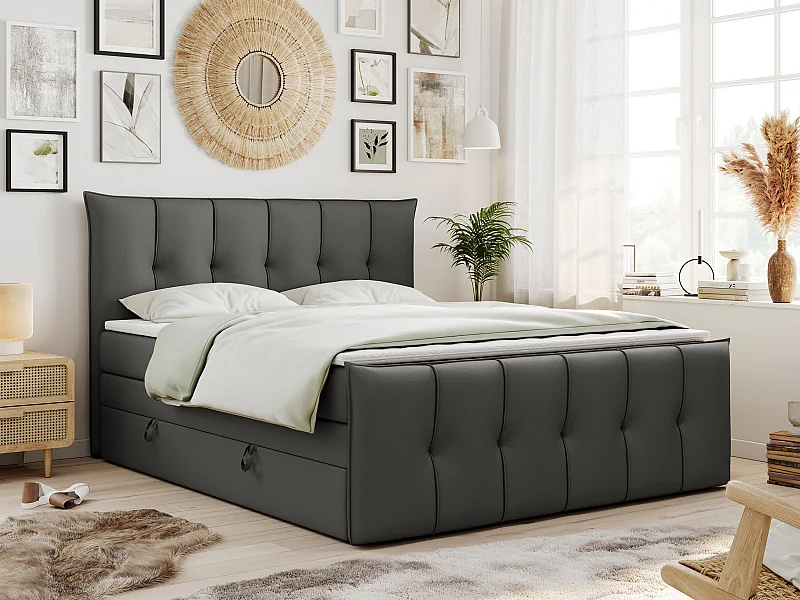 Boxspringbett PREMIUM 11 KING mit Stauraum, gestepptes Kopfteil, zwei Multipocket-Matratzen - 160x200 cm - H4 - Dunkelgrau Kunstleder