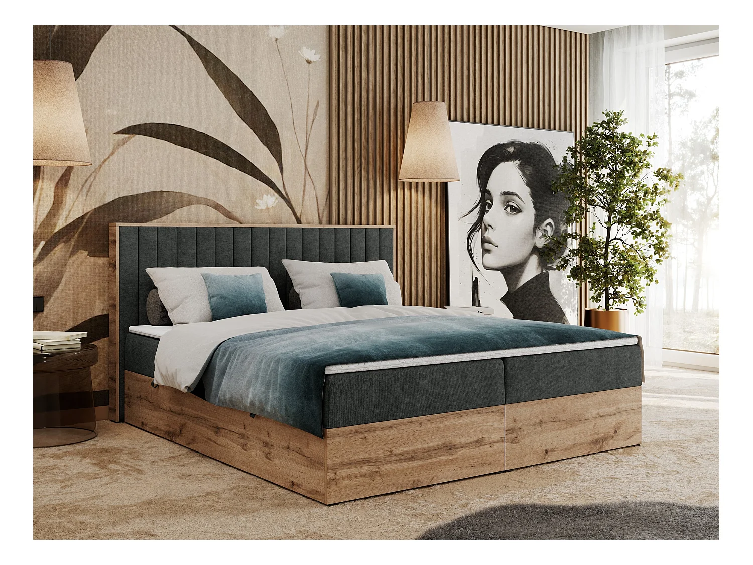 Boxspringbett ALBERO 4, Eiche Wotan Holzrahmen, mit Stauraum, genähtes Kopfteil - 200x200 cm - H4 - Dunkelgrau Strukture