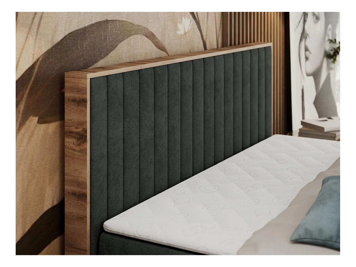 Boxspringbett ALBERO 4, Eiche Wotan Holzrahmen, mit Stauraum, genähtes Kopfteil - 200x200 cm - H4 - Dunkelgrau Strukture