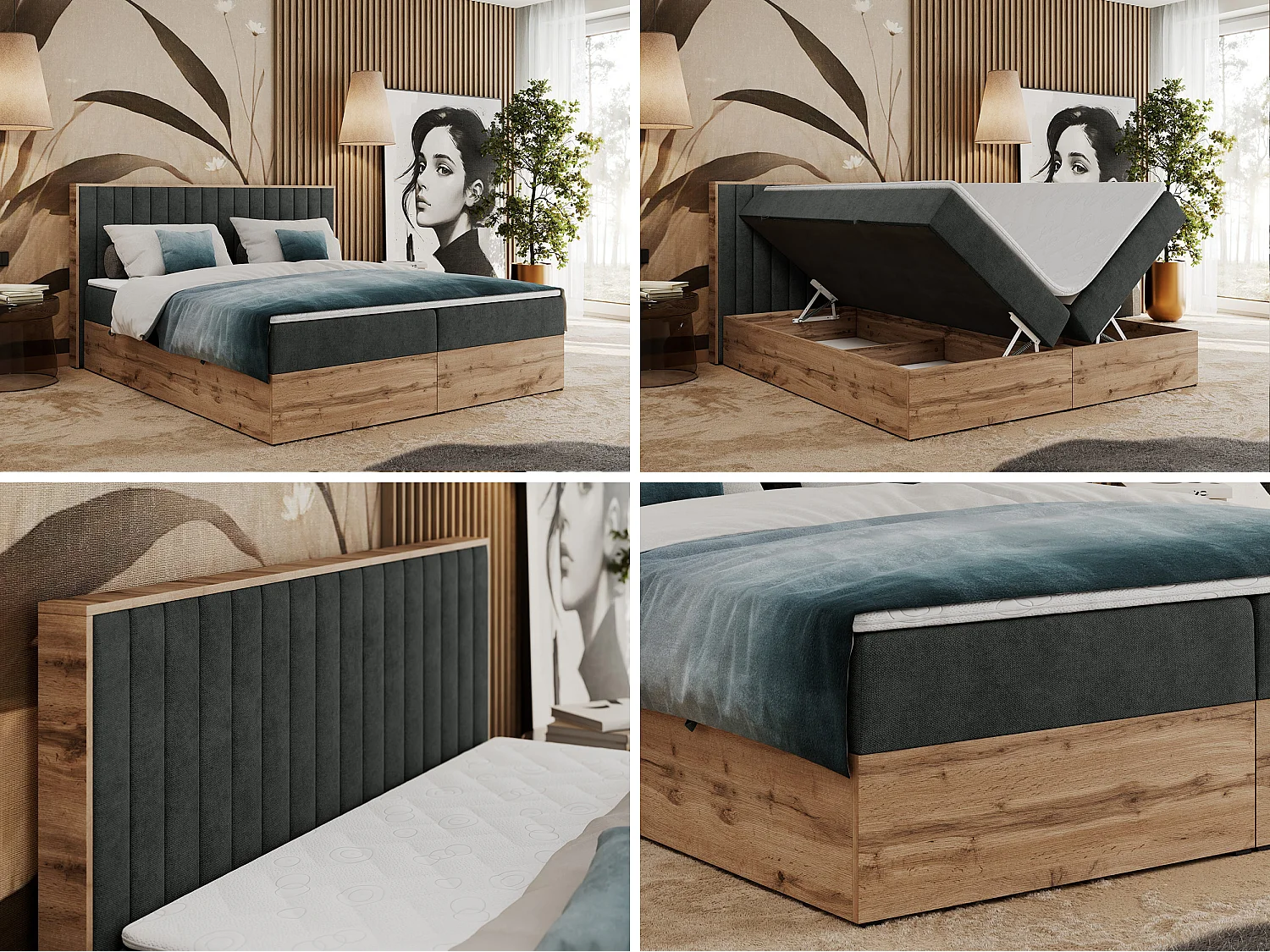 Boxspringbett ALBERO 4, Eiche Wotan Holzrahmen, mit Stauraum, genähtes Kopfteil - 200x200 cm - H4 - Dunkelgrau Strukture