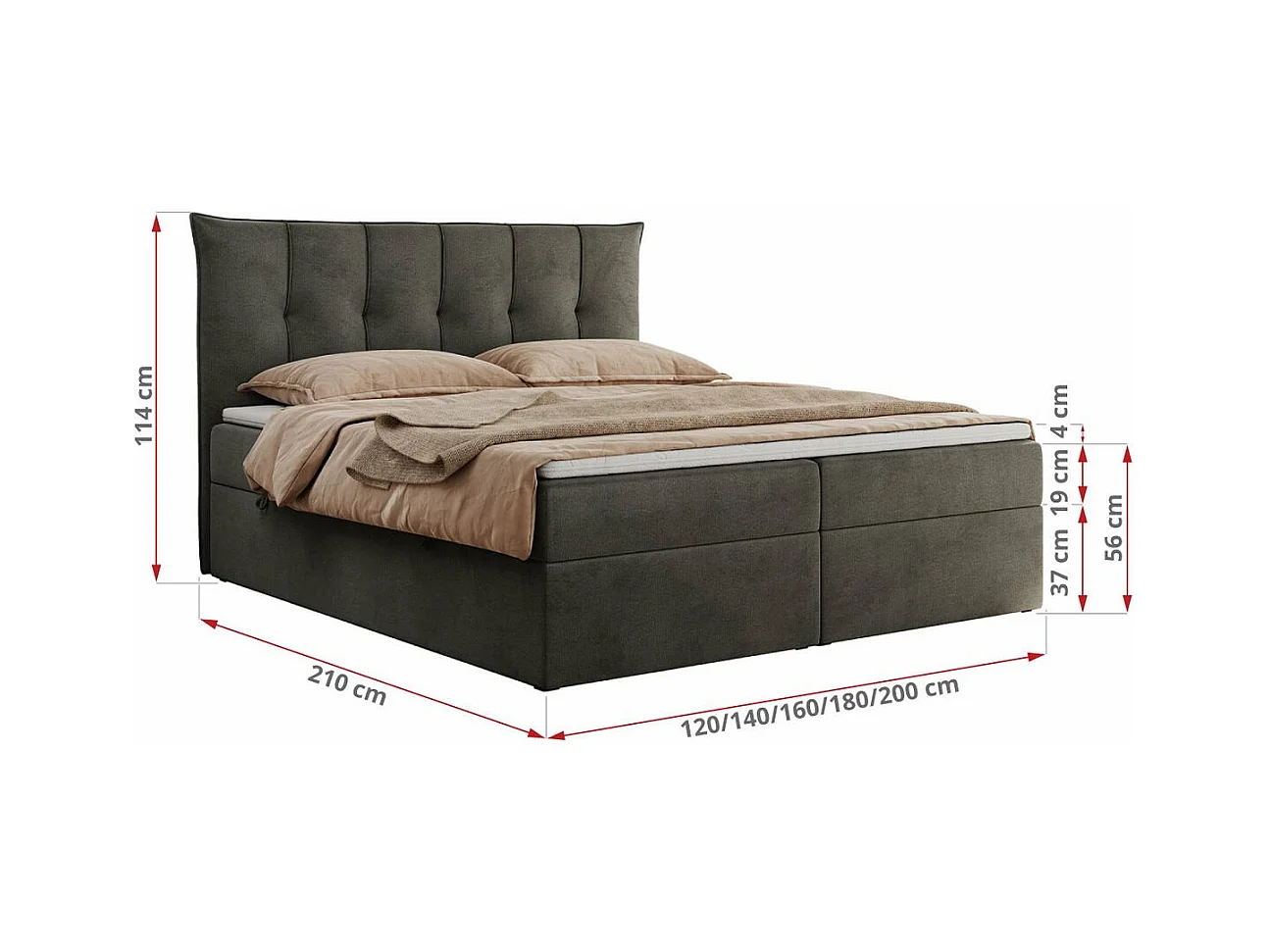 Boxspringbett PREMIUM 10 mit Multipocket-Matratze, gesteppte Kopfstütze, zwei Bettkästen - 180x200 cm - H3 - Dunkelgrau Velvet