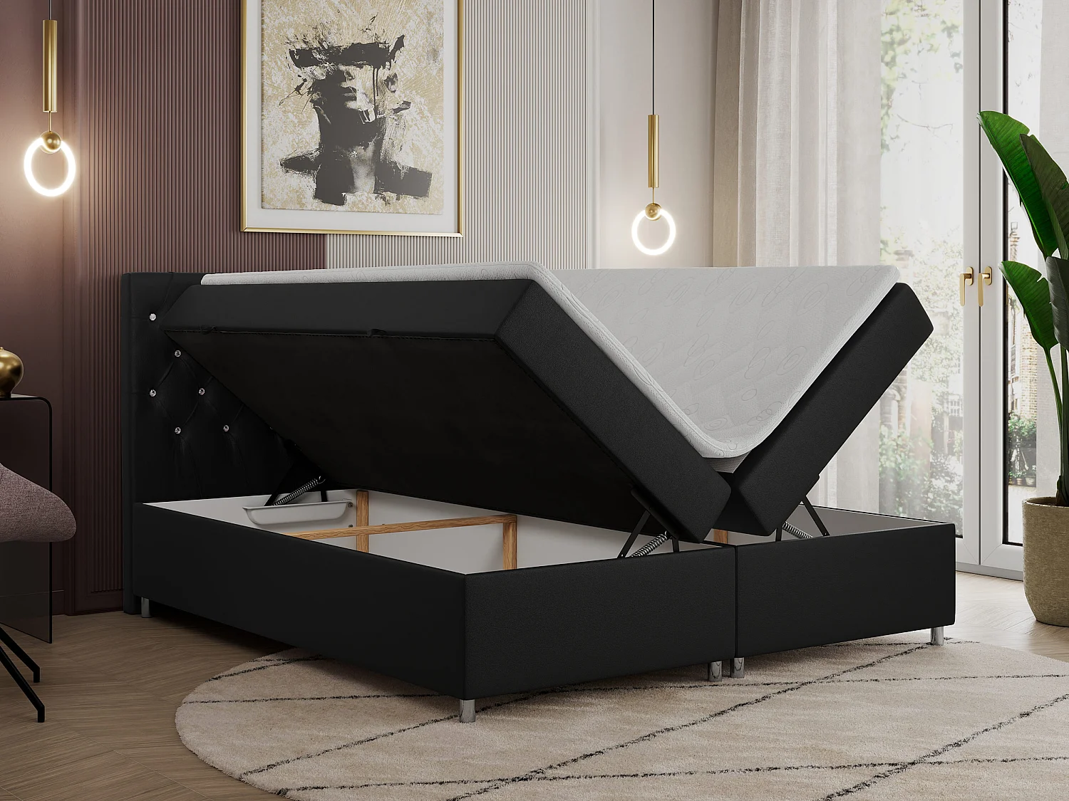 Boxspringbett ROMA mit gestepptem Kopfteil, Multipocket-Matratze, dekorative Füße - 120x200 cm - H3 - Schwarz Kunstleder