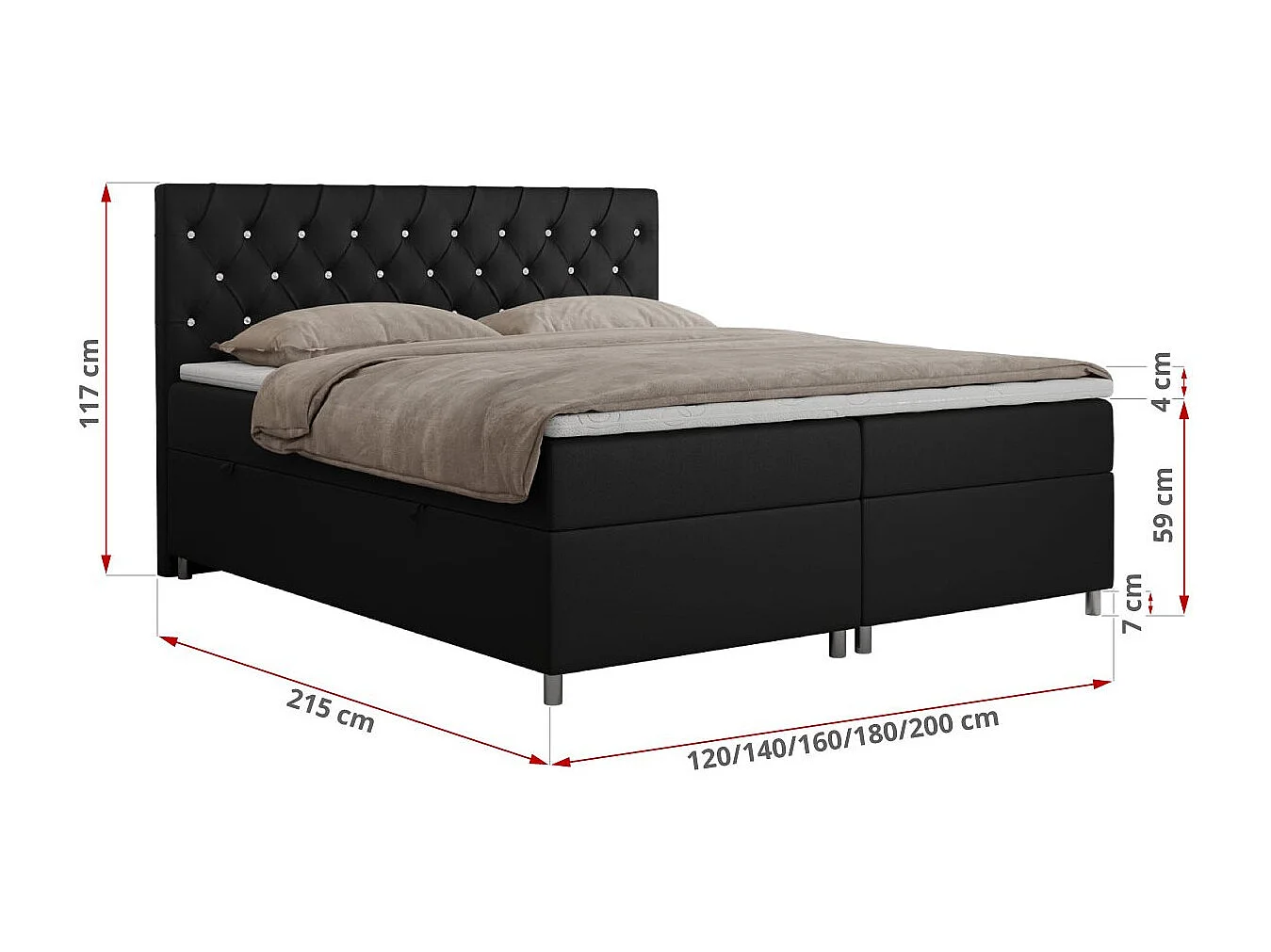 Boxspringbett ROMA mit gestepptem Kopfteil, Multipocket-Matratze, dekorative Füße - 120x200 cm - H3 - Schwarz Kunstleder