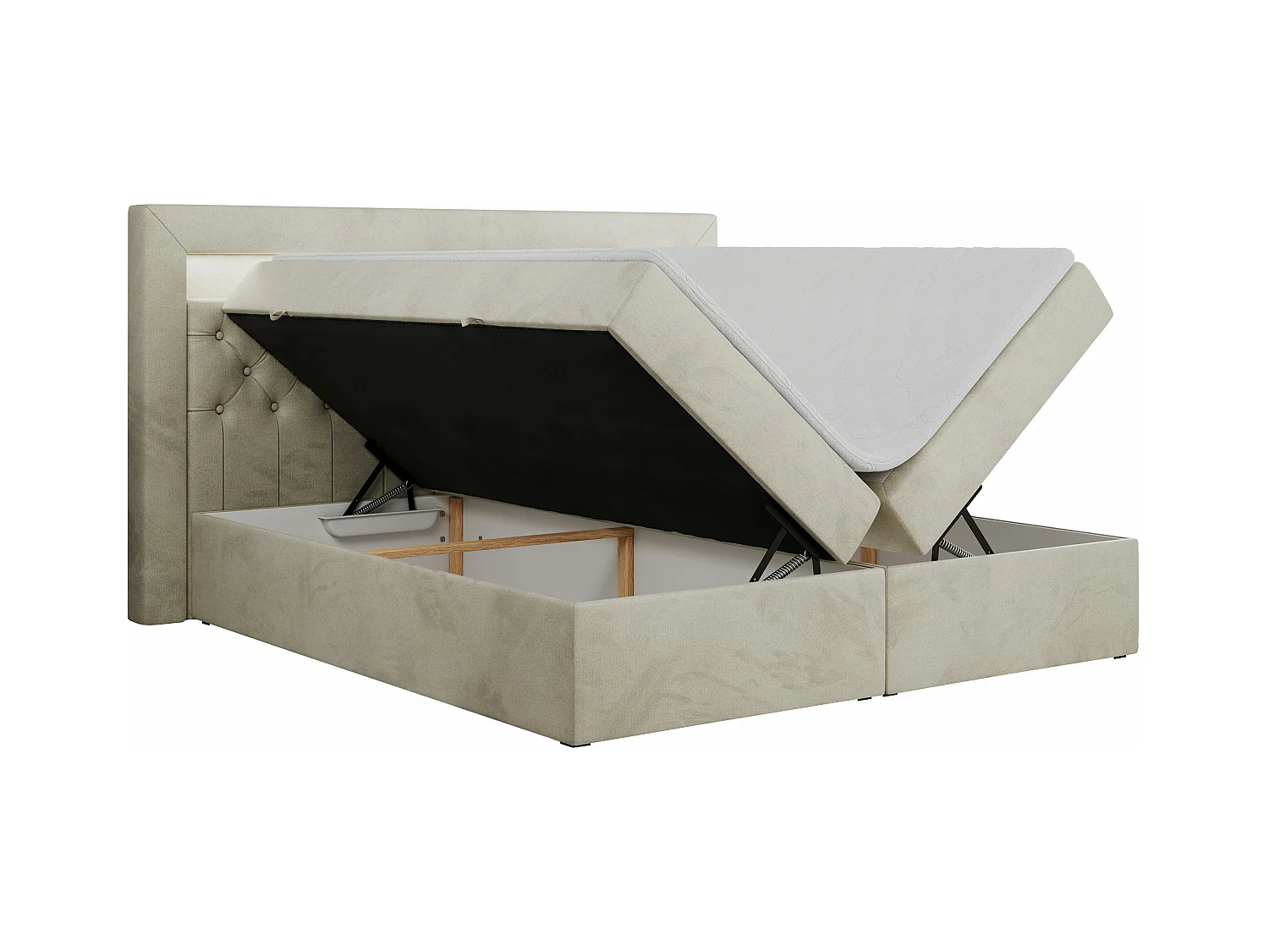Boxspringbett GOLD 6, Doppelbett mit Stauraum, LED-Beleuchtung, gesteppte Kopfstütze - 160x200 cm - H4 - Beige Velvet