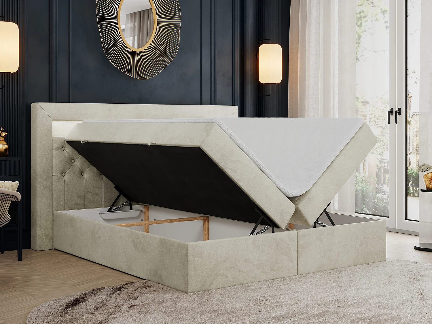 Boxspringbett GOLD 6, Doppelbett mit Stauraum, LED-Beleuchtung, gesteppte Kopfstütze - 160x200 cm - H4 - Beige Velvet