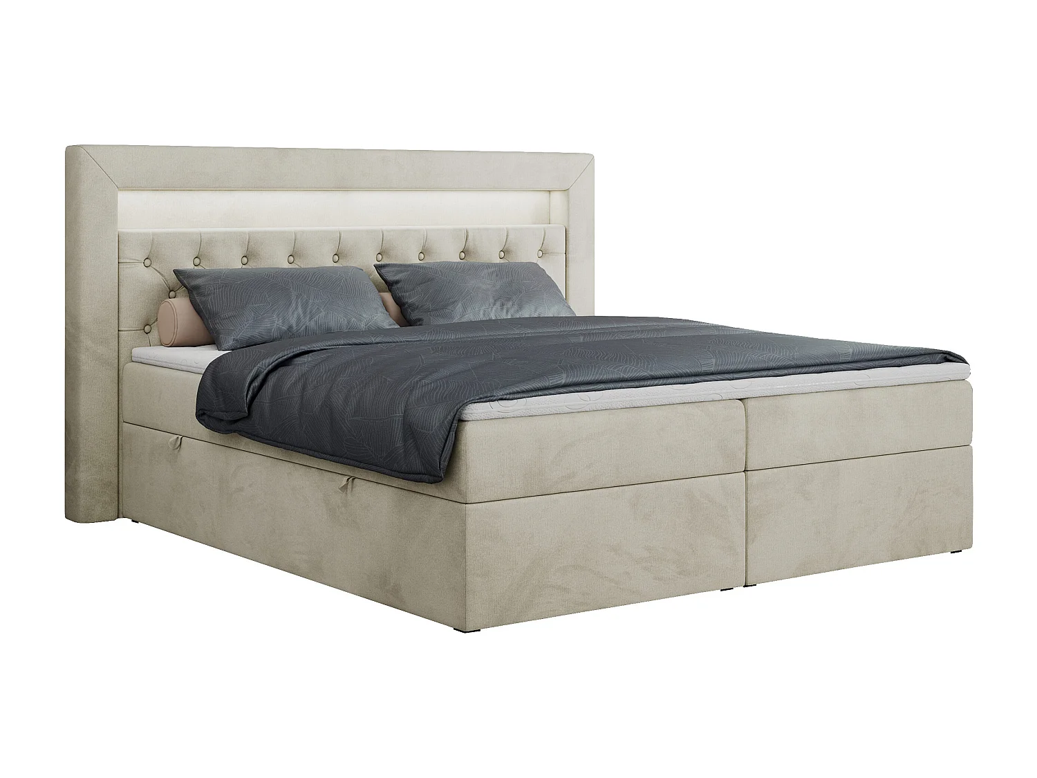 Boxspringbett GOLD 6, Doppelbett mit Stauraum, LED-Beleuchtung, gesteppte Kopfstütze - 160x200 cm - H4 - Beige Velvet
