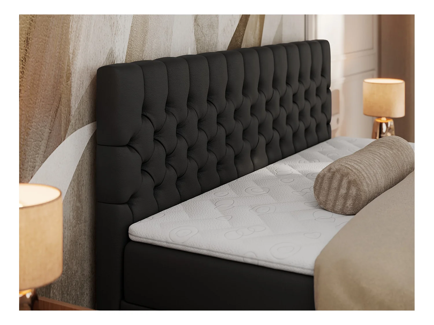 Boxspringbett GRIMALDI mit zwei Bettkästen, gesteppter Kopfstütze, Metallfüßen - 180x200 cm - H4 - Schwarz Kunstleder