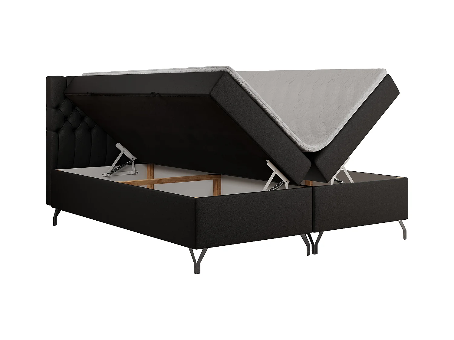 Boxspringbett GRIMALDI mit zwei Bettkästen, gesteppter Kopfstütze, Metallfüßen - 180x200 cm - H4 - Schwarz Kunstleder