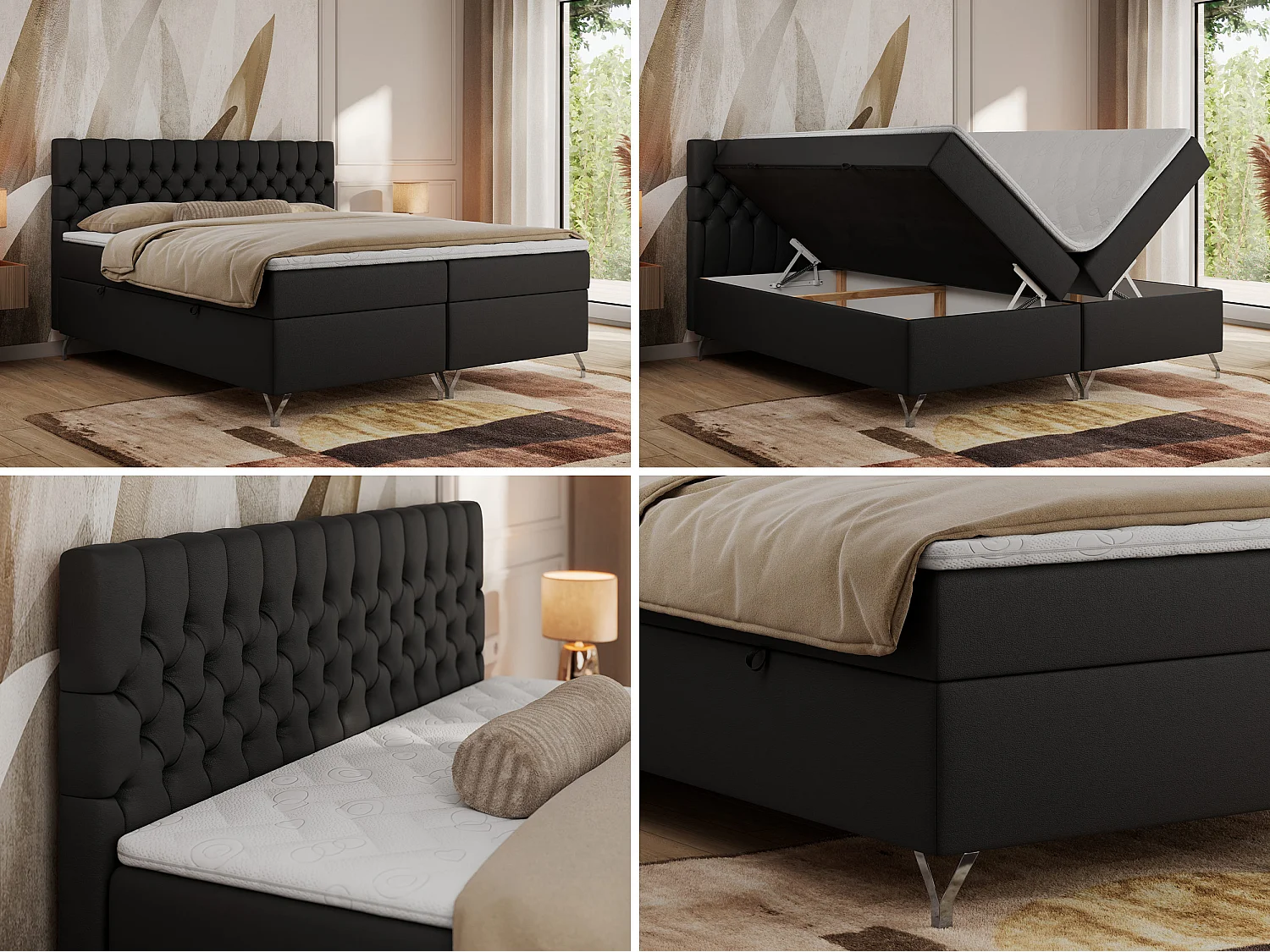 Boxspringbett GRIMALDI mit zwei Bettkästen, gesteppter Kopfstütze, Metallfüßen - 180x200 cm - H4 - Schwarz Kunstleder