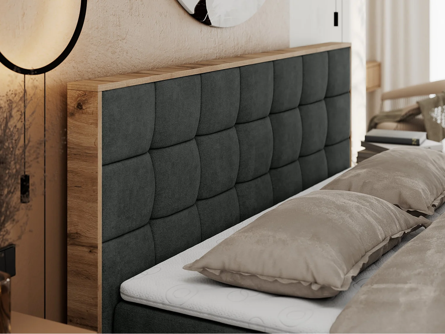 Boxspringbett ALBERO 1, Polsterbett mit gestepptem Kopfteil, Multipocket-Matratze - 120x200 cm - H4 - Dunkelgrau Strukture