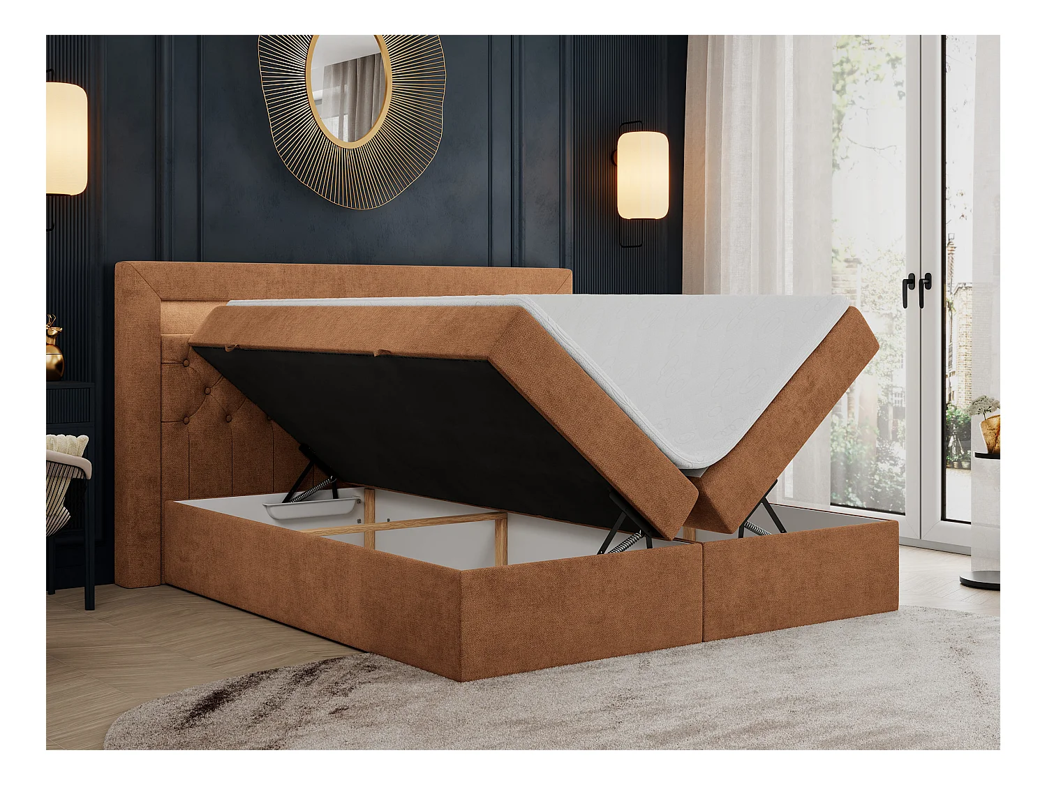 Boxspringbett GOLD 6, Doppelbett mit Stauraum, LED-Beleuchtung, gesteppte Kopfstütze - 160x200 cm - H4 - Orange Strukture