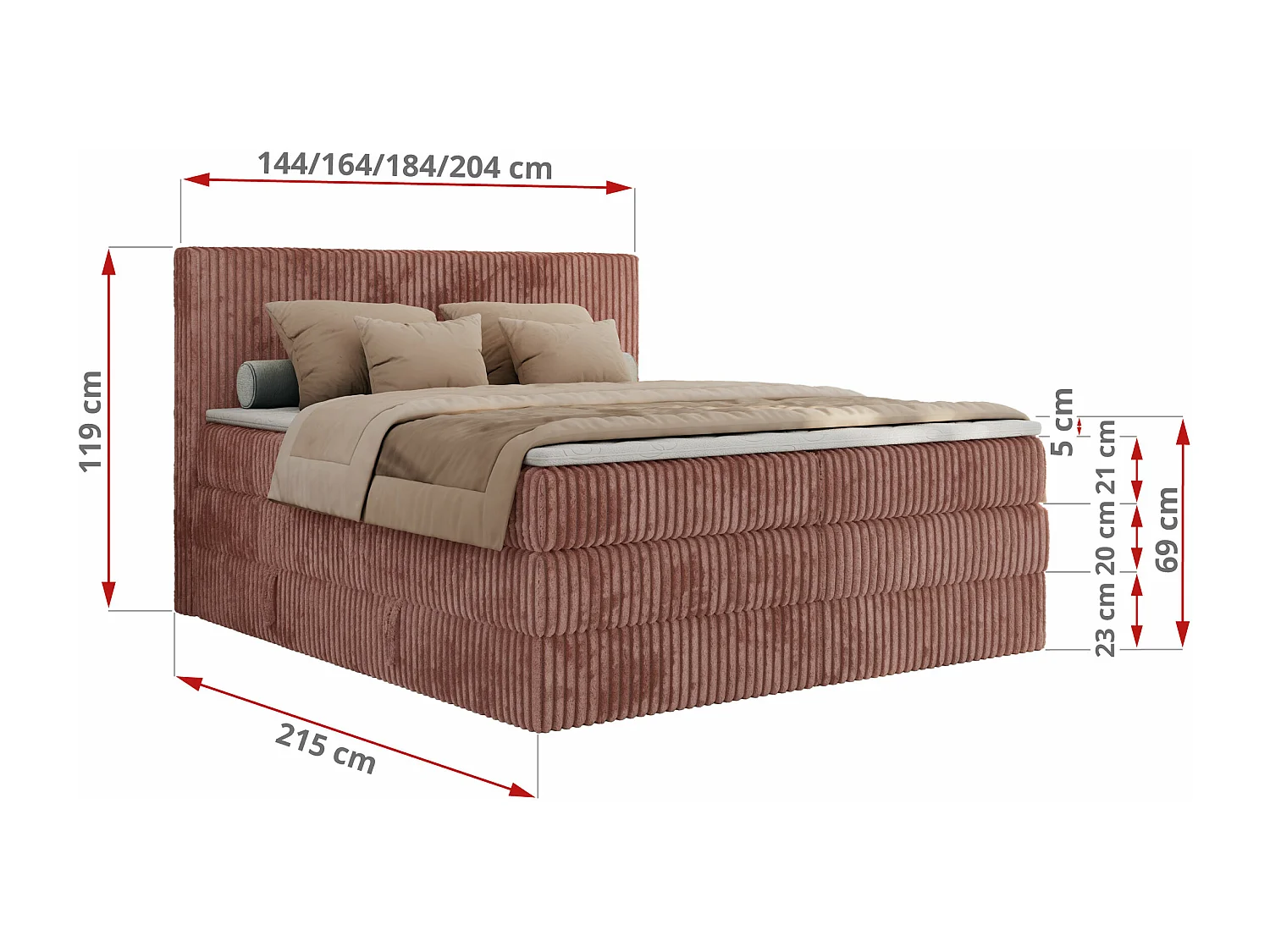 Boxspringbett TILIANO KING, Multipocket-Matratze, Cord Bett, Kopfteil und zwei Bettkästen - 160x200 cm - H3 - Rosa Cord