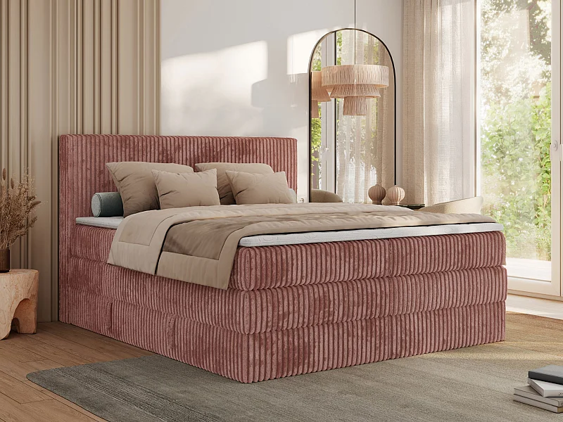 Boxspringbett TILIANO KING, Multipocket-Matratze, Cord Bett, Kopfteil und zwei Bettkästen - 160x200 cm - H3 - Rosa Cord