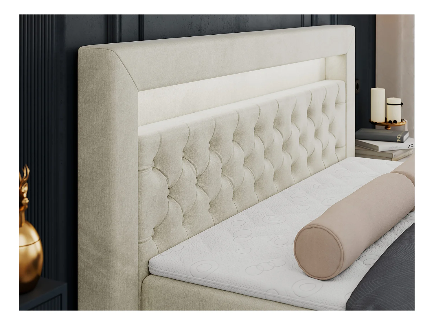 Boxspringbett GOLD 6, Doppelbett mit Stauraum, LED-Beleuchtung, gesteppte Kopfstütze - 200x200 cm - H4 - Beige Velvet