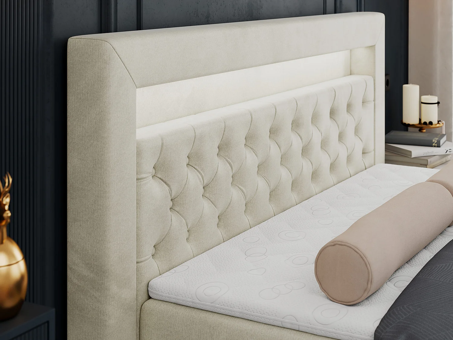 Boxspringbett GOLD 6, Doppelbett mit Stauraum, LED-Beleuchtung, gesteppte Kopfstütze - 200x200 cm - H4 - Beige Velvet