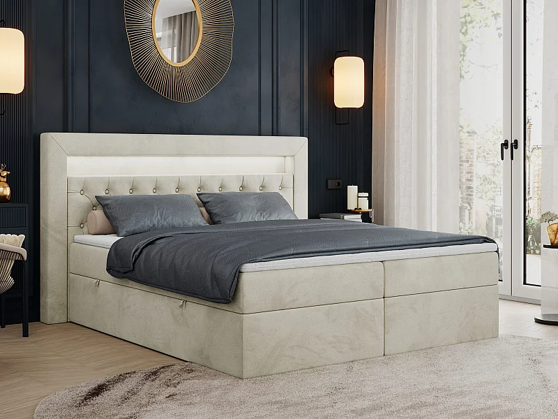 Boxspringbett GOLD 6, Doppelbett mit Stauraum, LED-Beleuchtung, gesteppte Kopfstütze - 200x200 cm - H4 - Beige Velvet