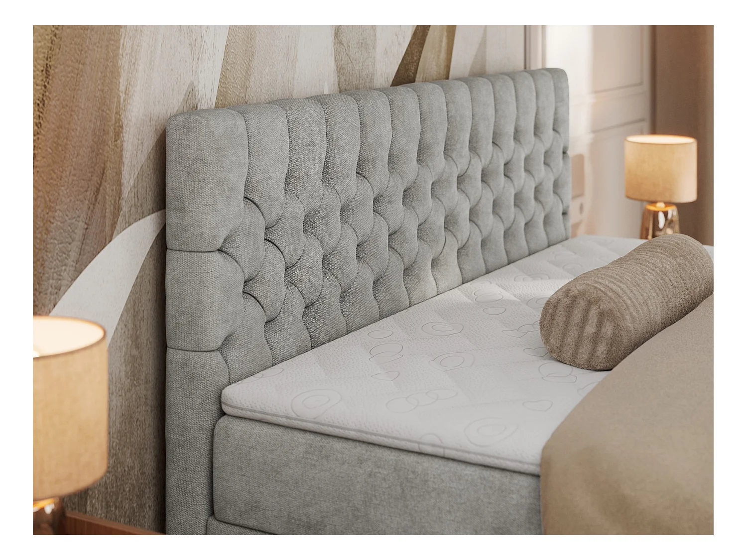 Boxspringbett GRIMALDI mit zwei Bettkästen, gesteppter Kopfstütze, Metallfüßen - 200x200 cm - H4 - Hellgrau Strukture