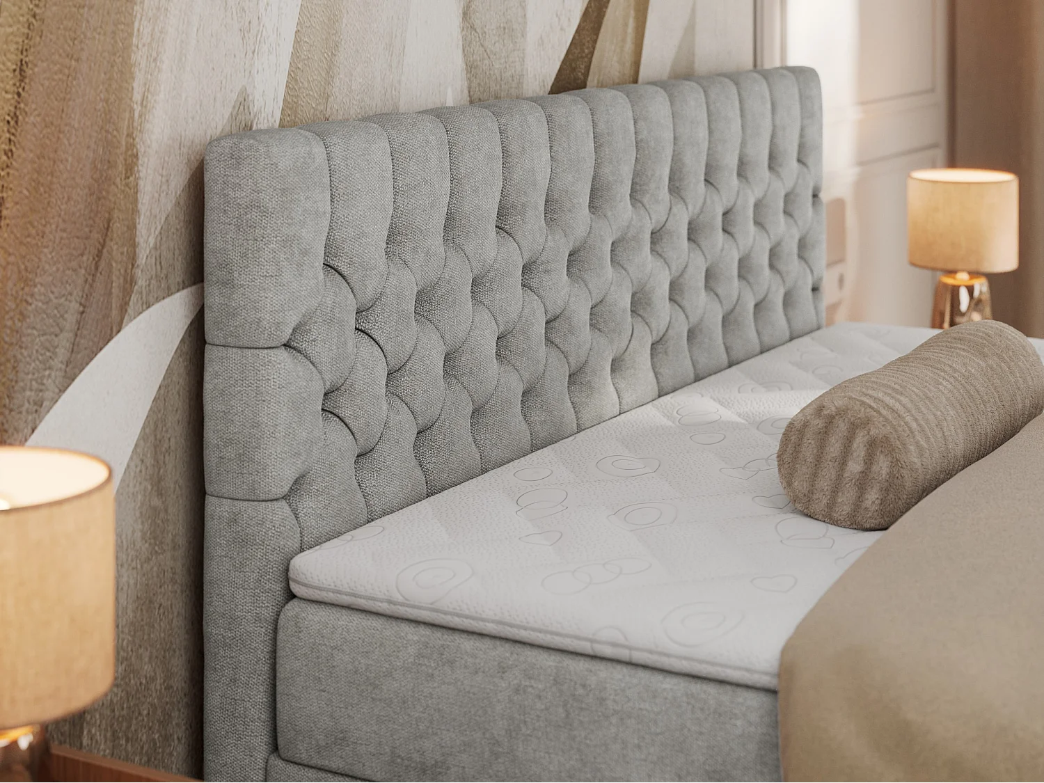 Boxspringbett GRIMALDI mit zwei Bettkästen, gesteppter Kopfstütze, Metallfüßen - 200x200 cm - H4 - Hellgrau Strukture