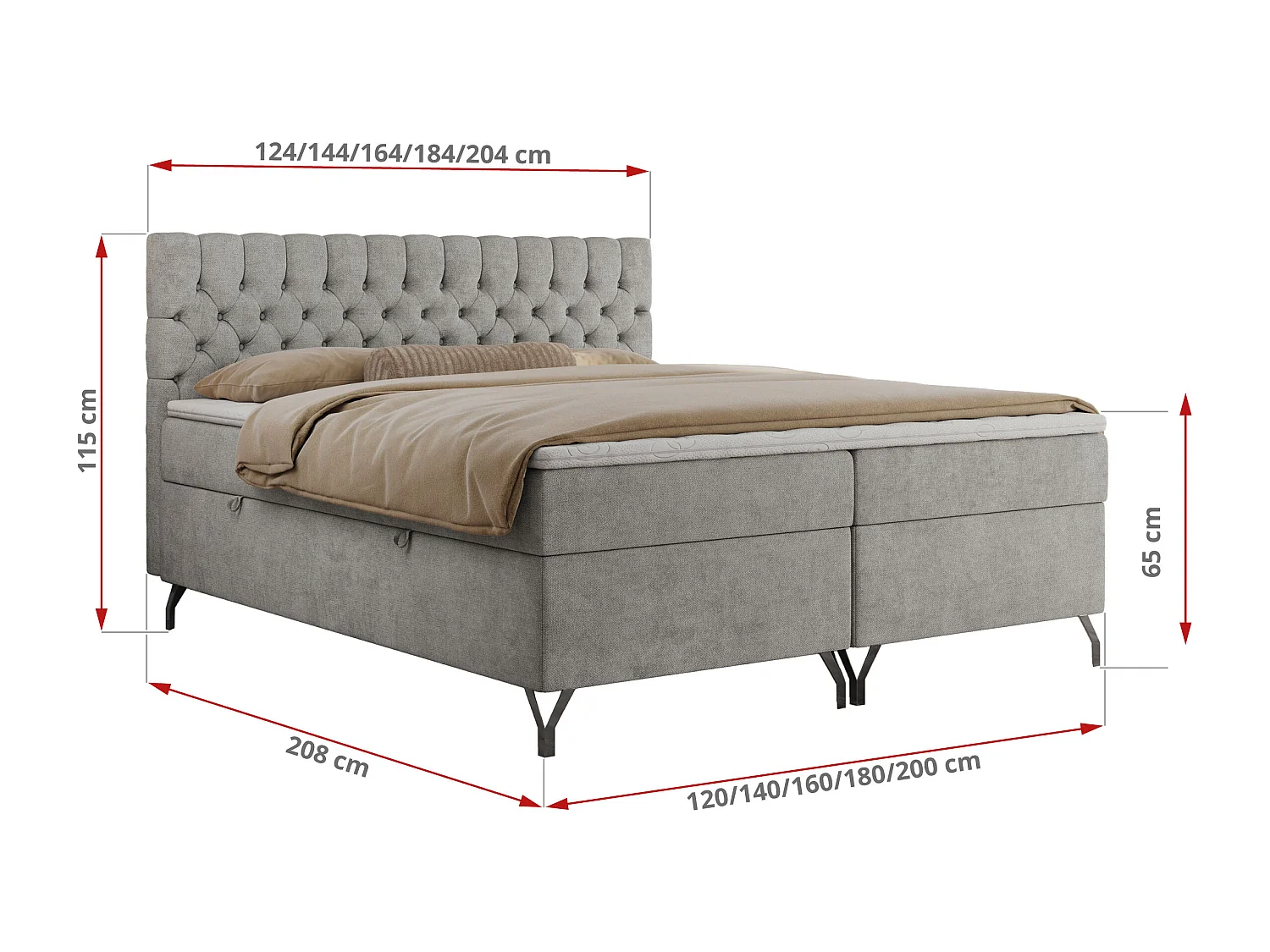Boxspringbett GRIMALDI mit zwei Bettkästen, gesteppter Kopfstütze, Metallfüßen - 200x200 cm - H4 - Hellgrau Strukture
