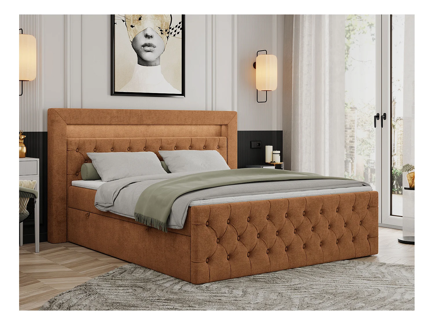 Boxspringbett GOLD 9 mit Stauraum, Multipocket-Matratze, gestepptes Bett, LED Beleuchtung - 120x200 cm - H3 - Orange Strukture
