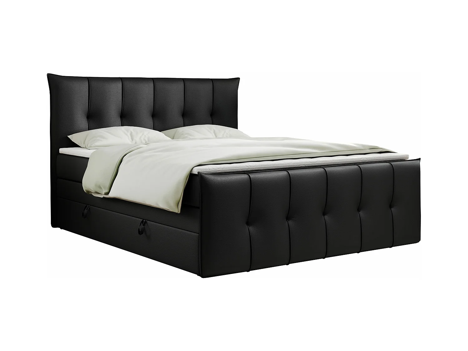 Boxspringbett PREMIUM 11 KING mit Stauraum, gestepptes Kopfteil, zwei Multipocket-Matratzen - 140x200 cm - H4 - Schwarz Kunstleder