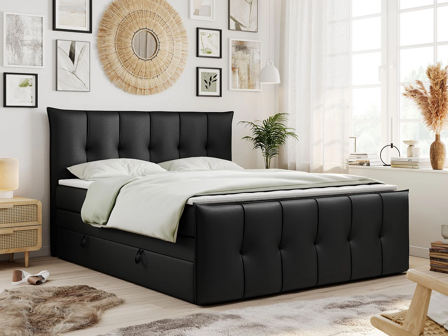 Boxspringbett PREMIUM 11 KING mit Stauraum, gestepptes Kopfteil, zwei Multipocket-Matratzen - 140x200 cm - H4 - Schwarz Kunstleder