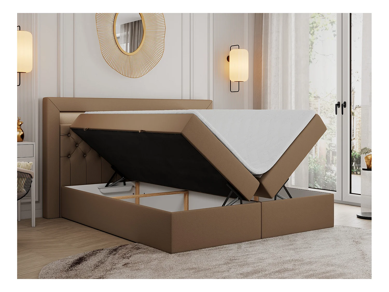Boxspringbett GOLD 6, Doppelbett mit Stauraum, LED-Beleuchtung, gesteppte Kopfstütze - 200x200 cm - H3 - Braun Kunstleder