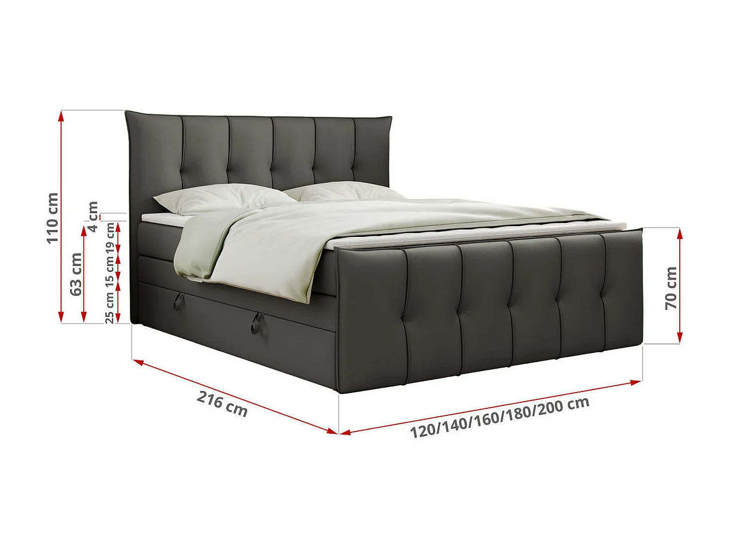 Boxspringbett PREMIUM 11 KING mit Stauraum, gestepptes Kopfteil, zwei Multipocket-Matratzen - 200x200 cm - H4 - Dunkelgrau Kunstleder