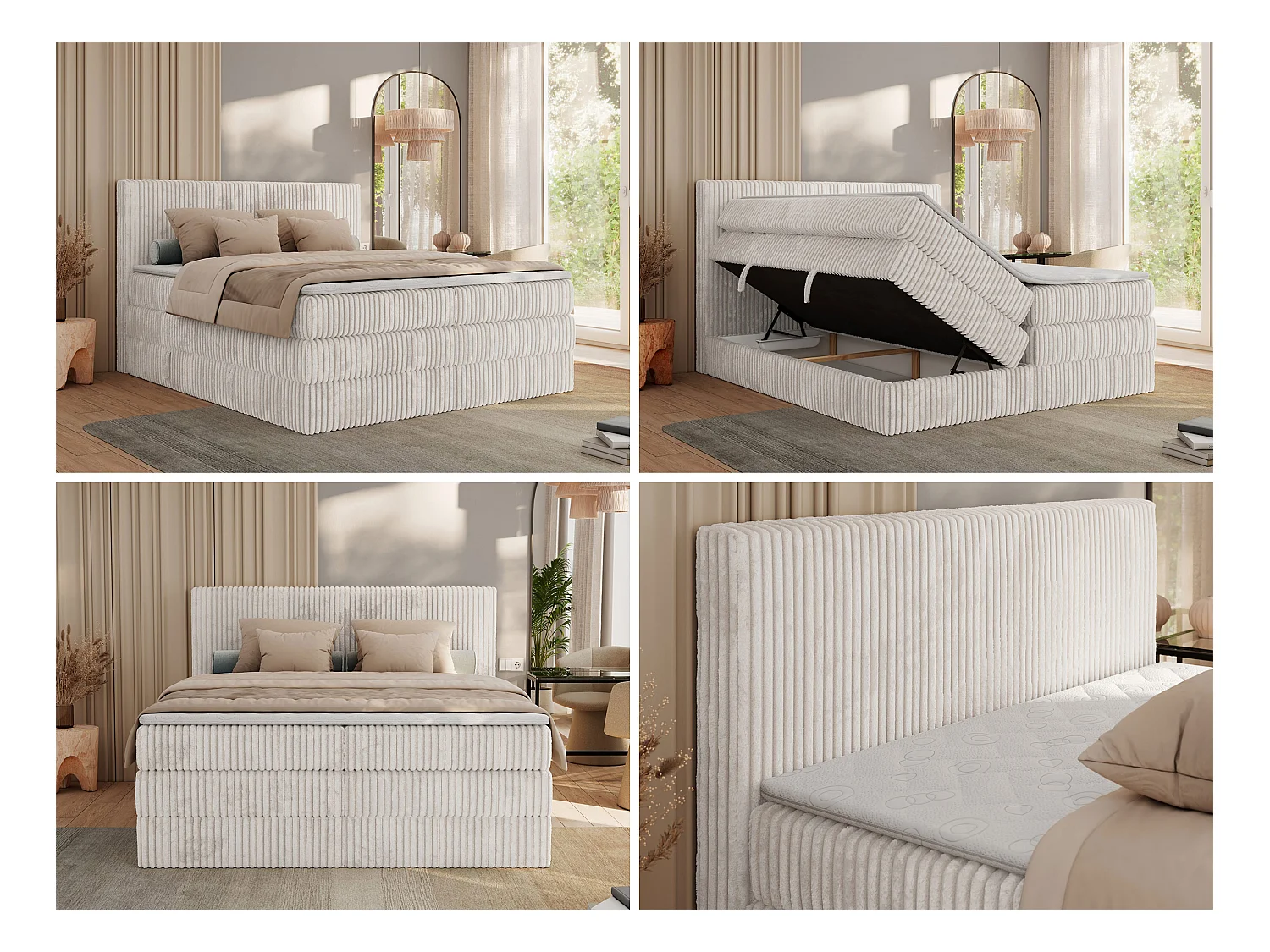 Boxspringbett TILIANO KING, Multipocket-Matratze, Cord Bett, Kopfteil und zwei Bettkästen - 140x200 cm - H4 - Beige Cord