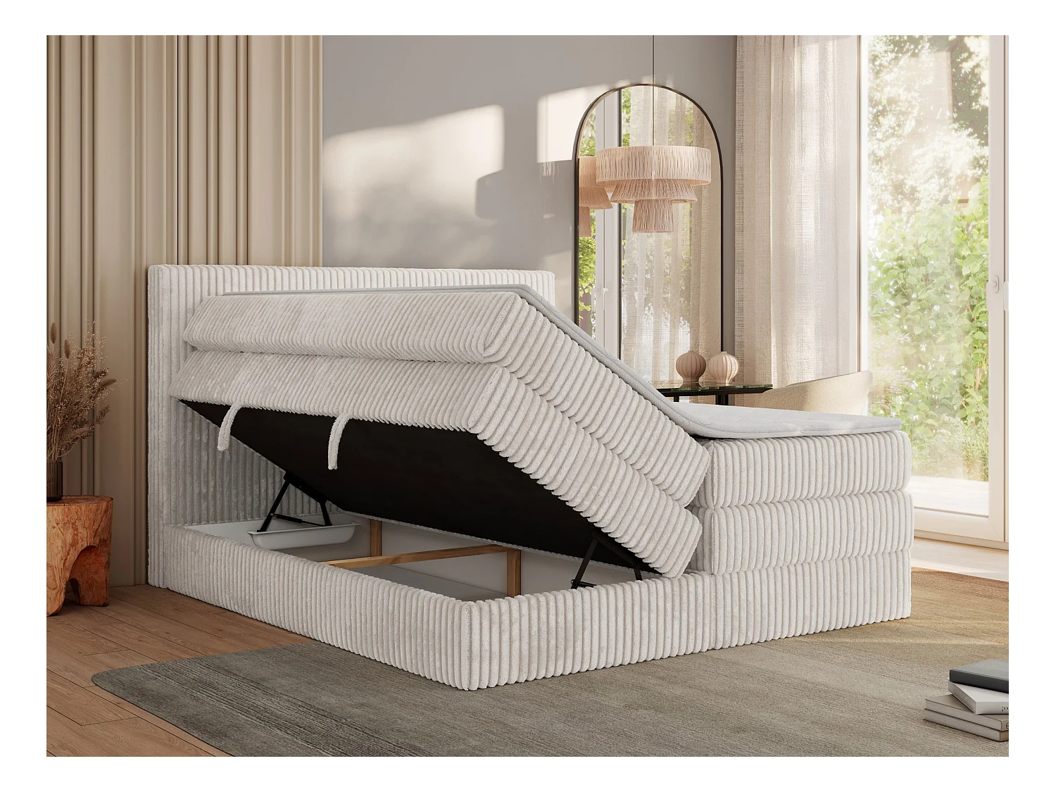 Boxspringbett TILIANO KING, Multipocket-Matratze, Cord Bett, Kopfteil und zwei Bettkästen - 140x200 cm - H4 - Beige Cord