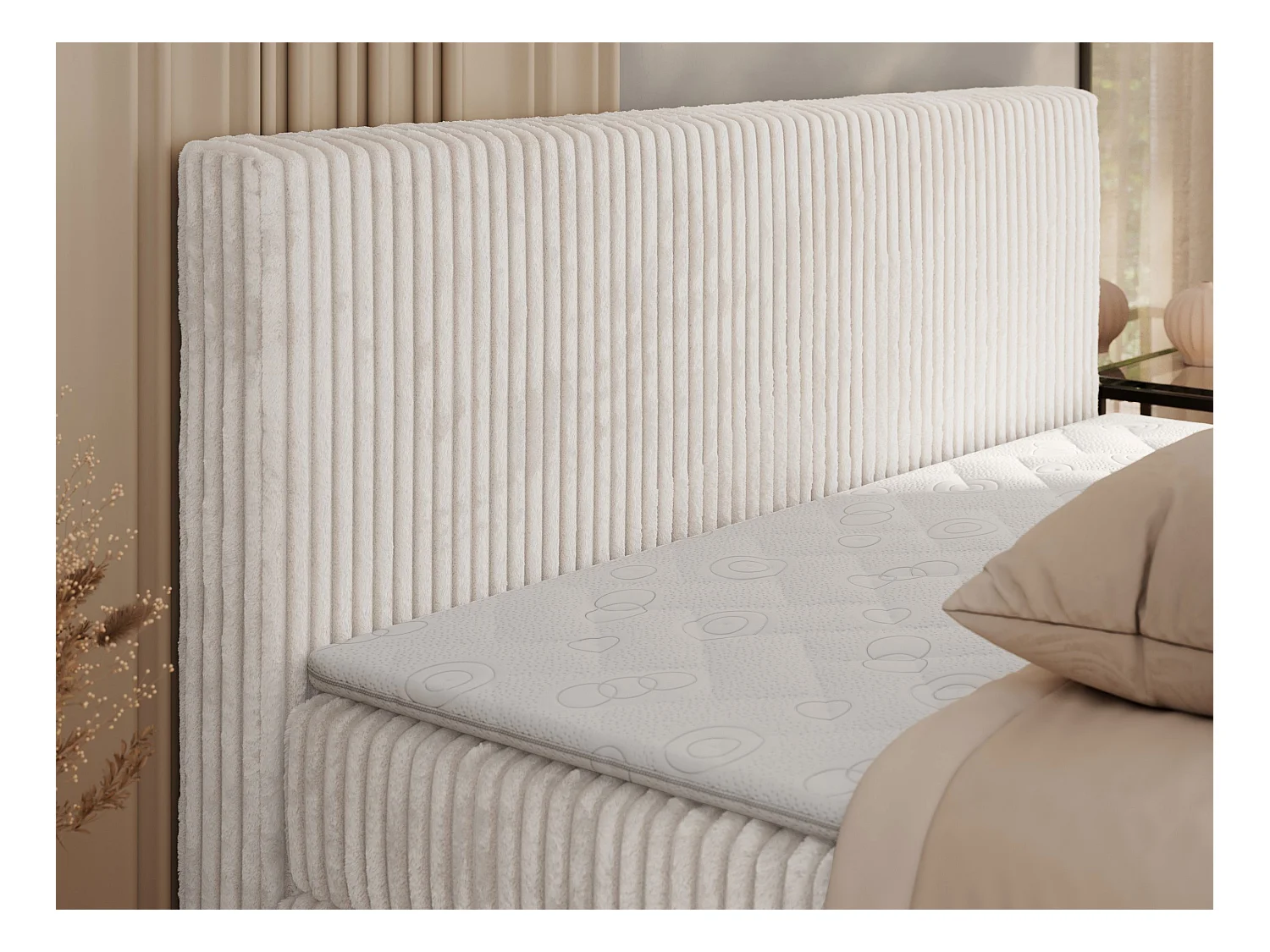 Boxspringbett TILIANO KING, Multipocket-Matratze, Cord Bett, Kopfteil und zwei Bettkästen - 140x200 cm - H4 - Beige Cord