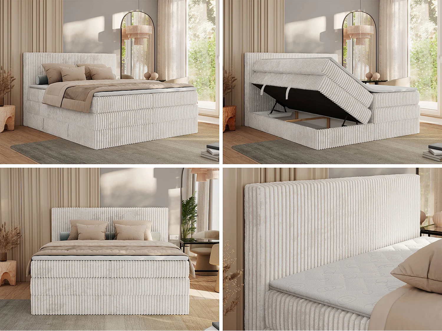 Boxspringbett TILIANO KING, Multipocket-Matratze, Cord Bett, Kopfteil und zwei Bettkästen - 140x200 cm - H4 - Beige Cord