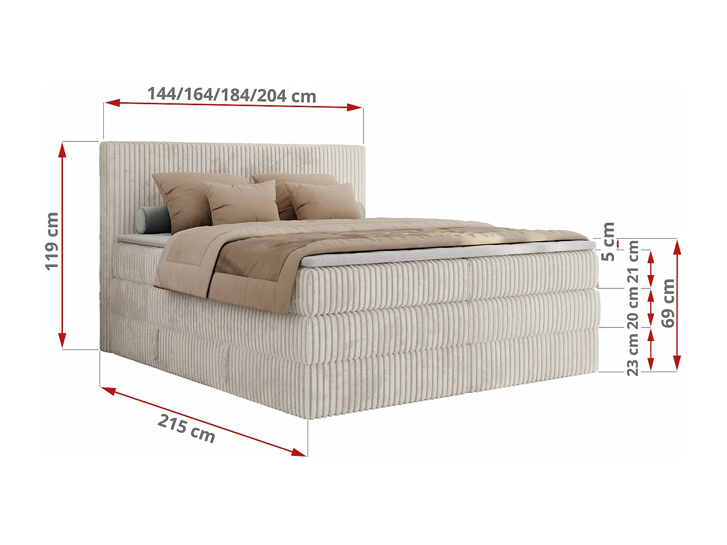 Boxspringbett TILIANO KING, Multipocket-Matratze, Cord Bett, Kopfteil und zwei Bettkästen - 140x200 cm - H4 - Beige Cord