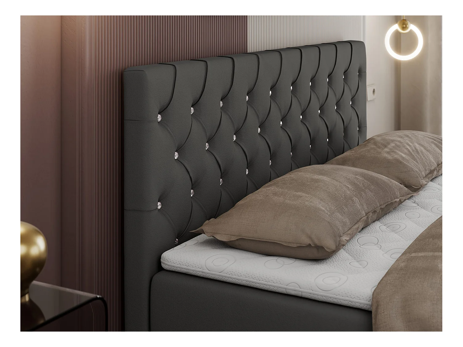 Boxspringbett ROMA mit gestepptem Kopfteil, Multipocket-Matratze, dekorative Füße - 140x200 cm - H4 - Dunkelgrau Kunstleder