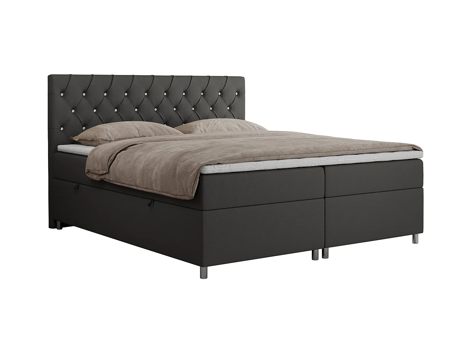 Boxspringbett ROMA mit gestepptem Kopfteil, Multipocket-Matratze, dekorative Füße - 140x200 cm - H4 - Dunkelgrau Kunstleder