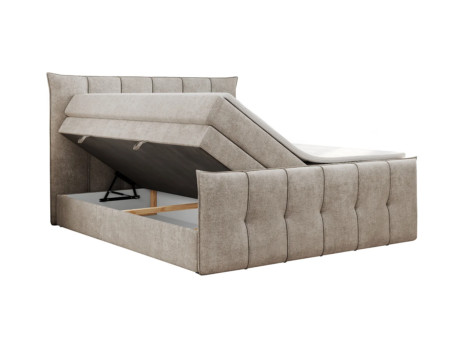 Boxspringbett PREMIUM 11 KING mit Stauraum, gestepptes Kopfteil, zwei Multipocket-Matratzen - 140x200 cm - H4 - Beige Strukture