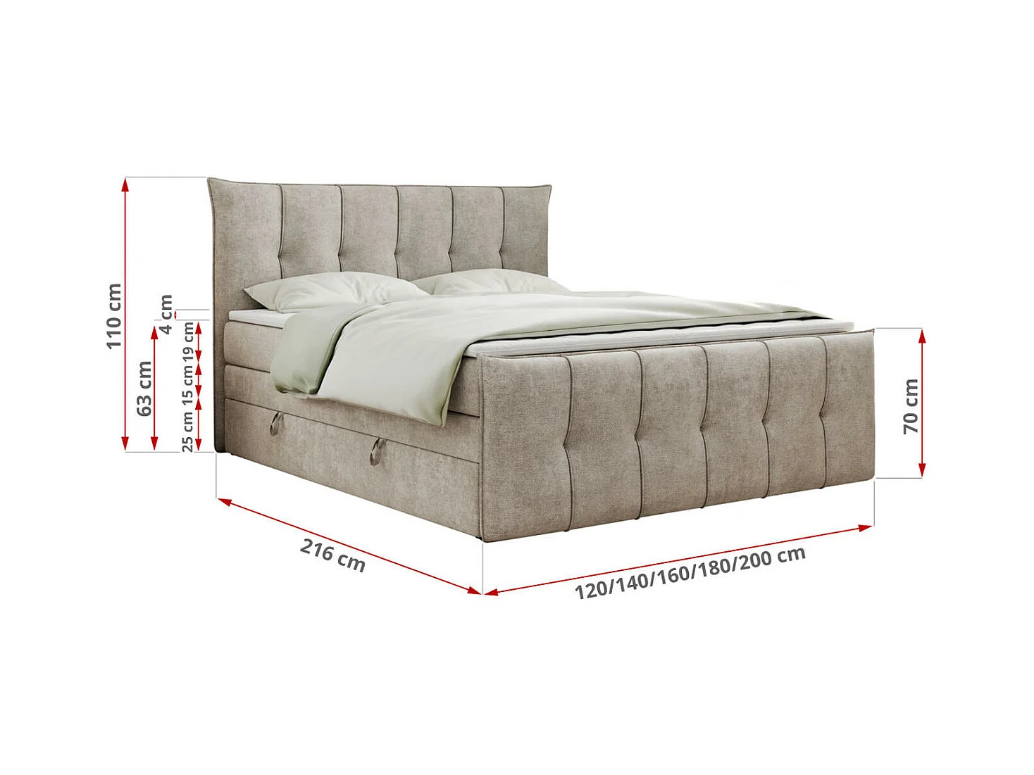 Boxspringbett PREMIUM 11 KING mit Stauraum, gestepptes Kopfteil, zwei Multipocket-Matratzen - 140x200 cm - H4 - Beige Strukture