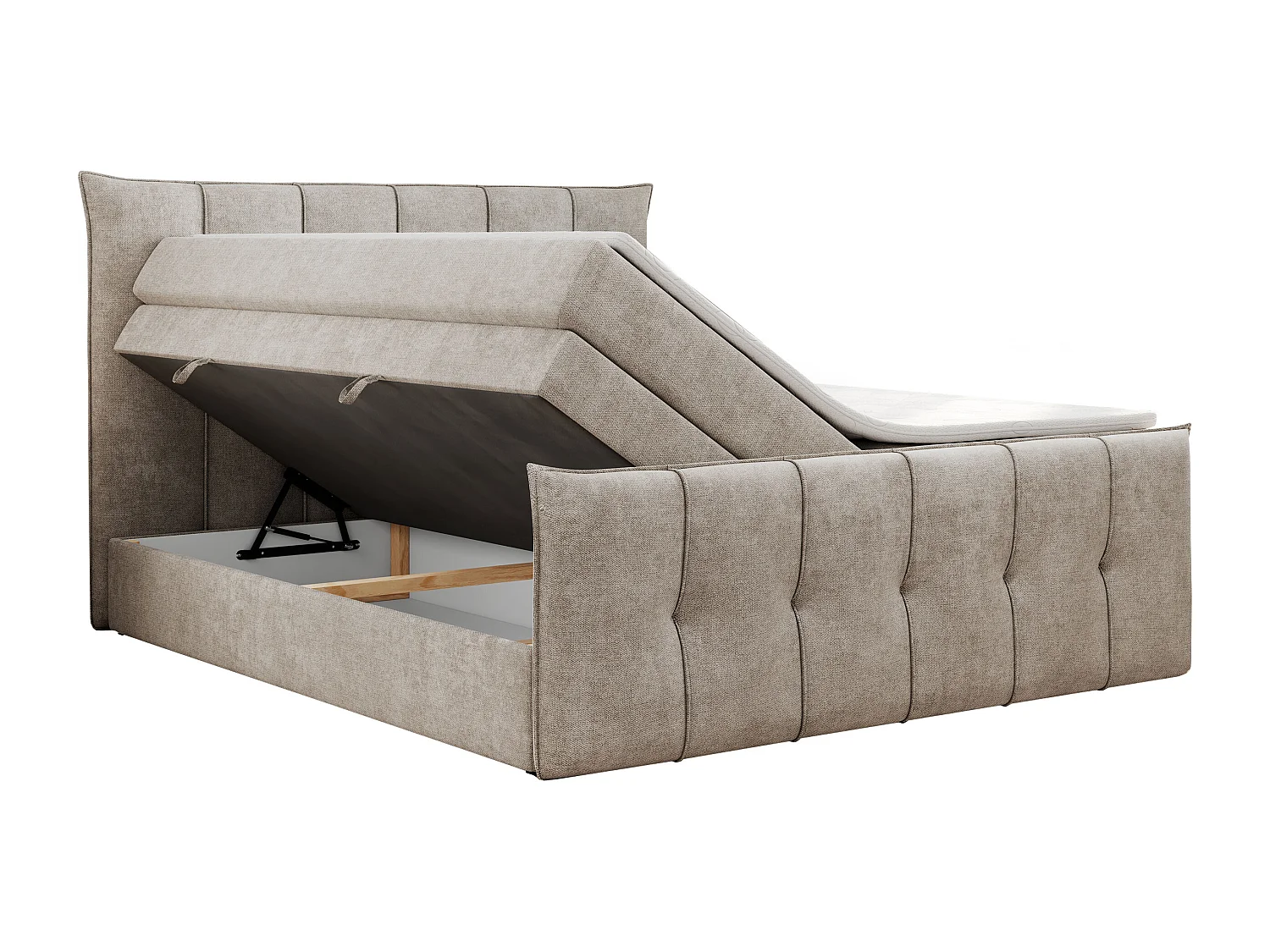 Boxspringbett PREMIUM 11 KING mit Stauraum, gestepptes Kopfteil, zwei Multipocket-Matratzen - 140x200 cm - H4 - Beige Strukture