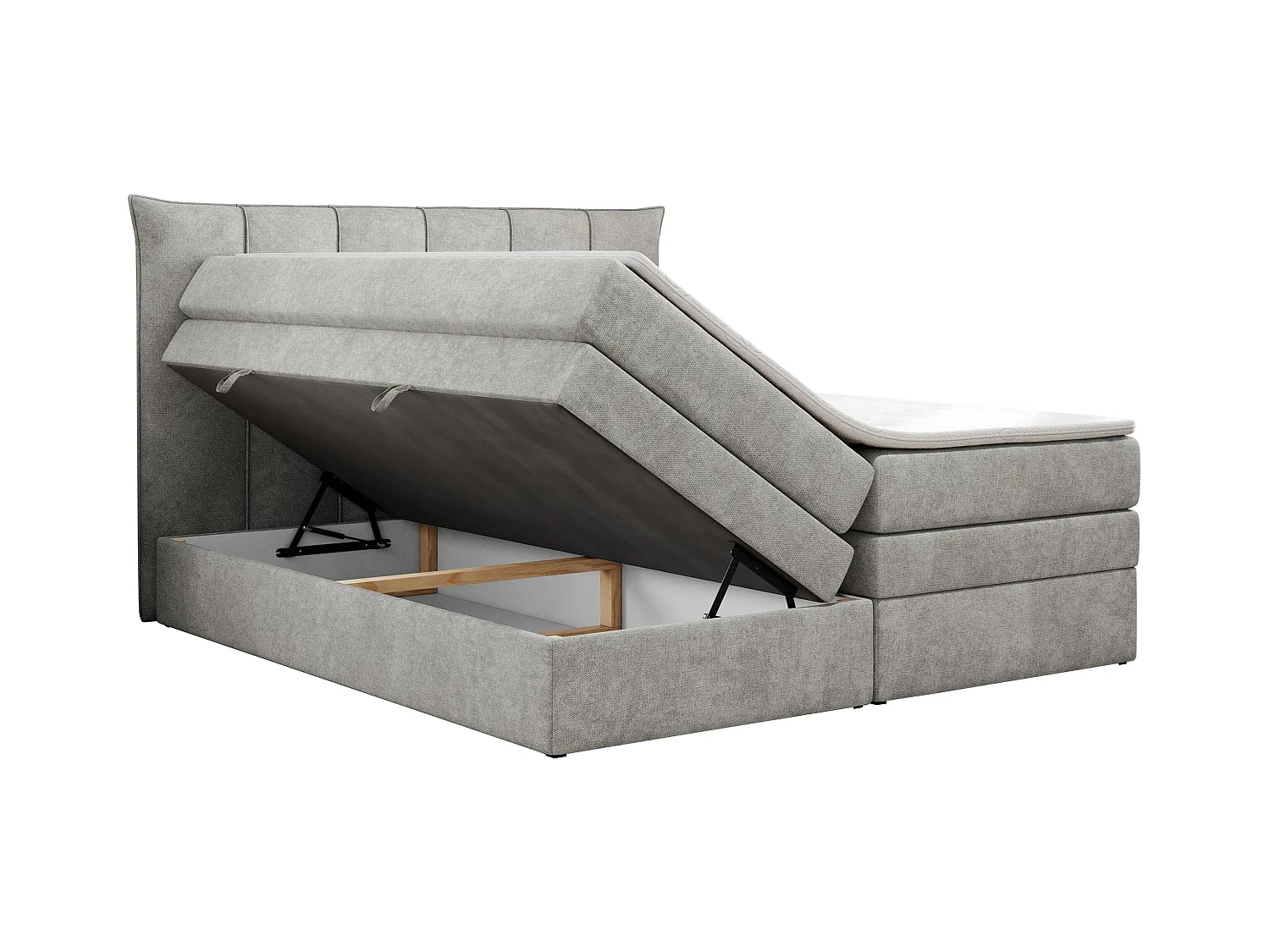 Boxspringbett PREMIUM 10 KING, Doppelbett mit Stauraum, gesteppte Kopfstütze, Multipocket-Matratze - 160x200 cm - H4 - Hellgrau Strukture