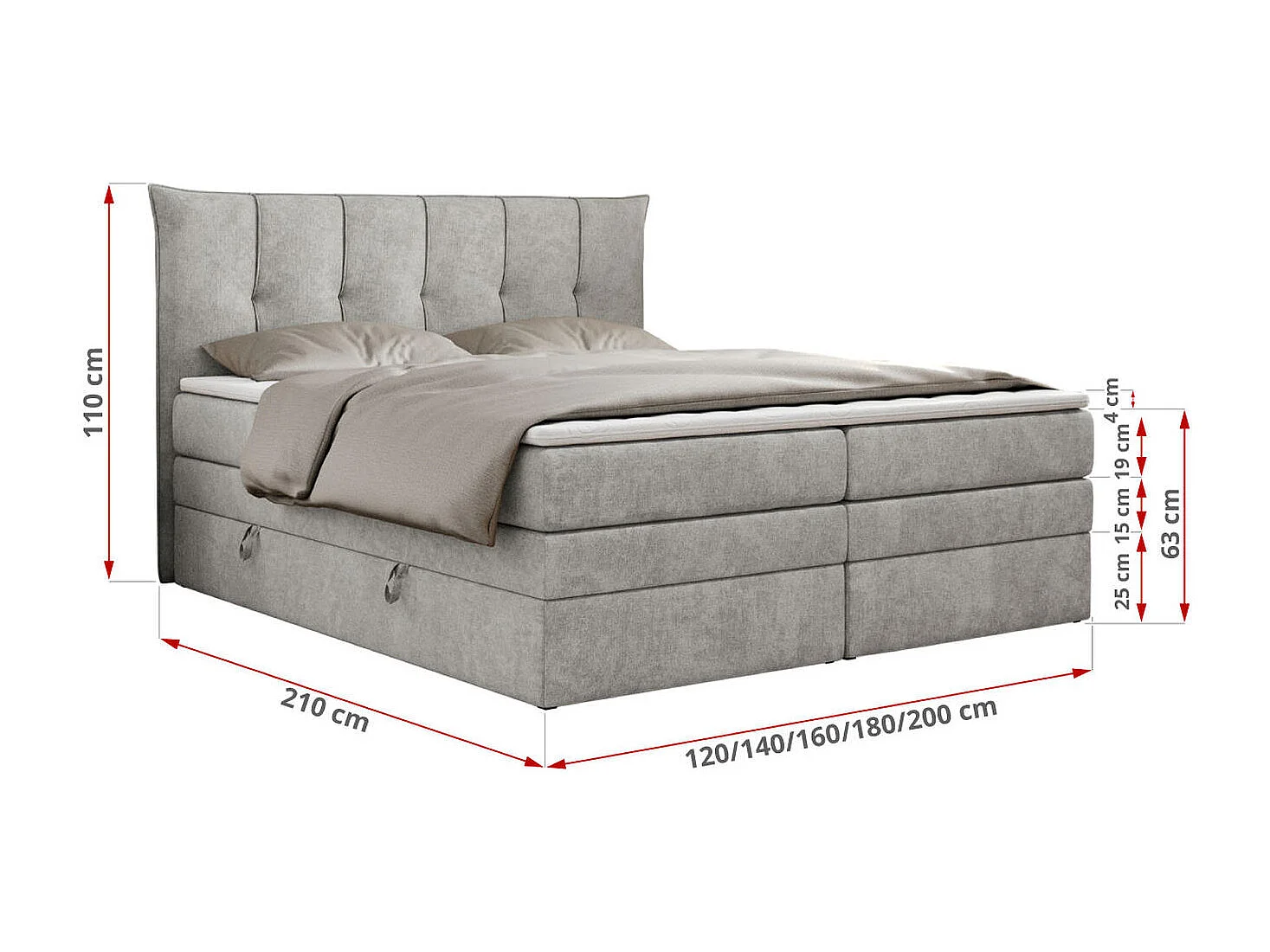 Boxspringbett PREMIUM 10 KING, Doppelbett mit Stauraum, gesteppte Kopfstütze, Multipocket-Matratze - 160x200 cm - H4 - Hellgrau Strukture