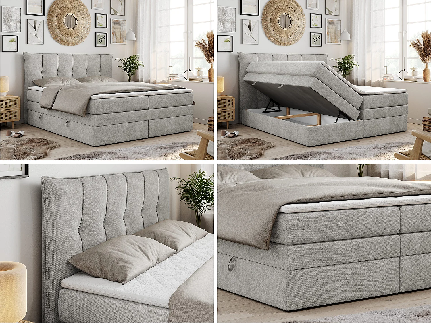 Lit boxspring avec 2 coffres - 2 matelas fermes + surmatelas mousse - Gris clair Tissu texturé - 160x200 - PREMIUM 10 KING