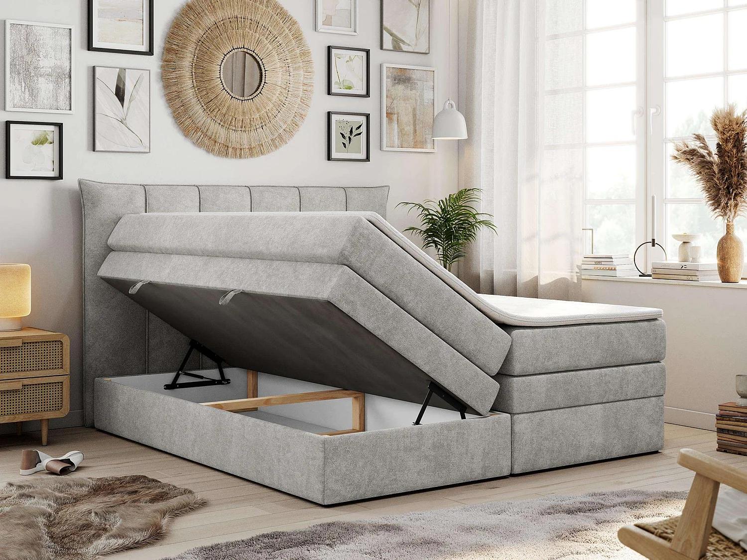 Lit boxspring avec 2 coffres - 2 matelas fermes + surmatelas mousse - Gris clair Tissu texturé - 160x200 - PREMIUM 10 KING