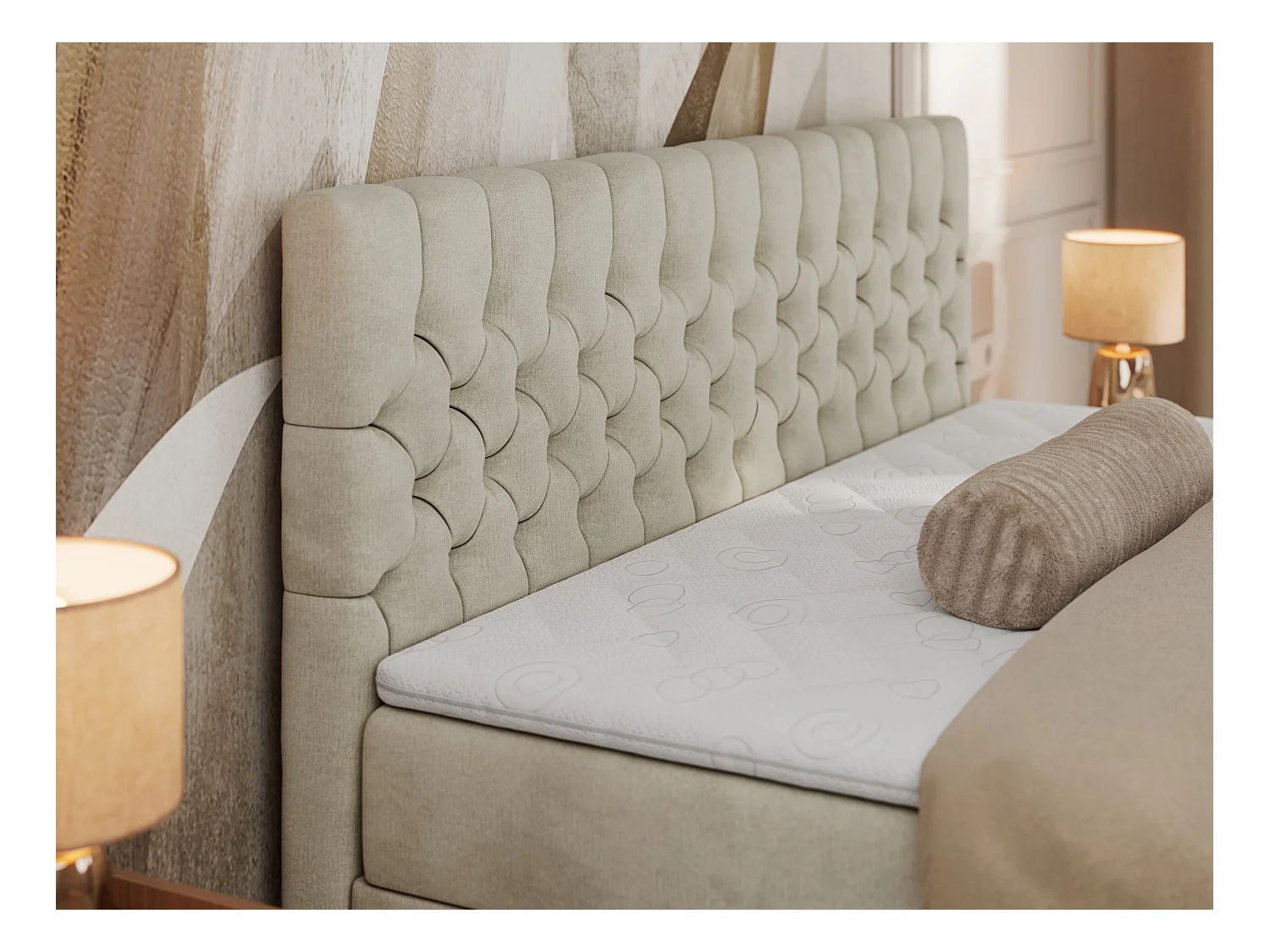 Boxspringbett GRIMALDI mit zwei Bettkästen, gesteppter Kopfstütze, Metallfüßen - 140x200 cm - H4 - Beige Velvet
