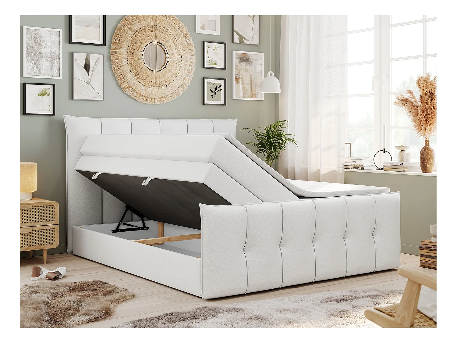 Boxspringbett PREMIUM 11 KING mit Stauraum, gestepptes Kopfteil, zwei Multipocket-Matratzen - 200x200 cm - H4 - Weiß Kunstleder