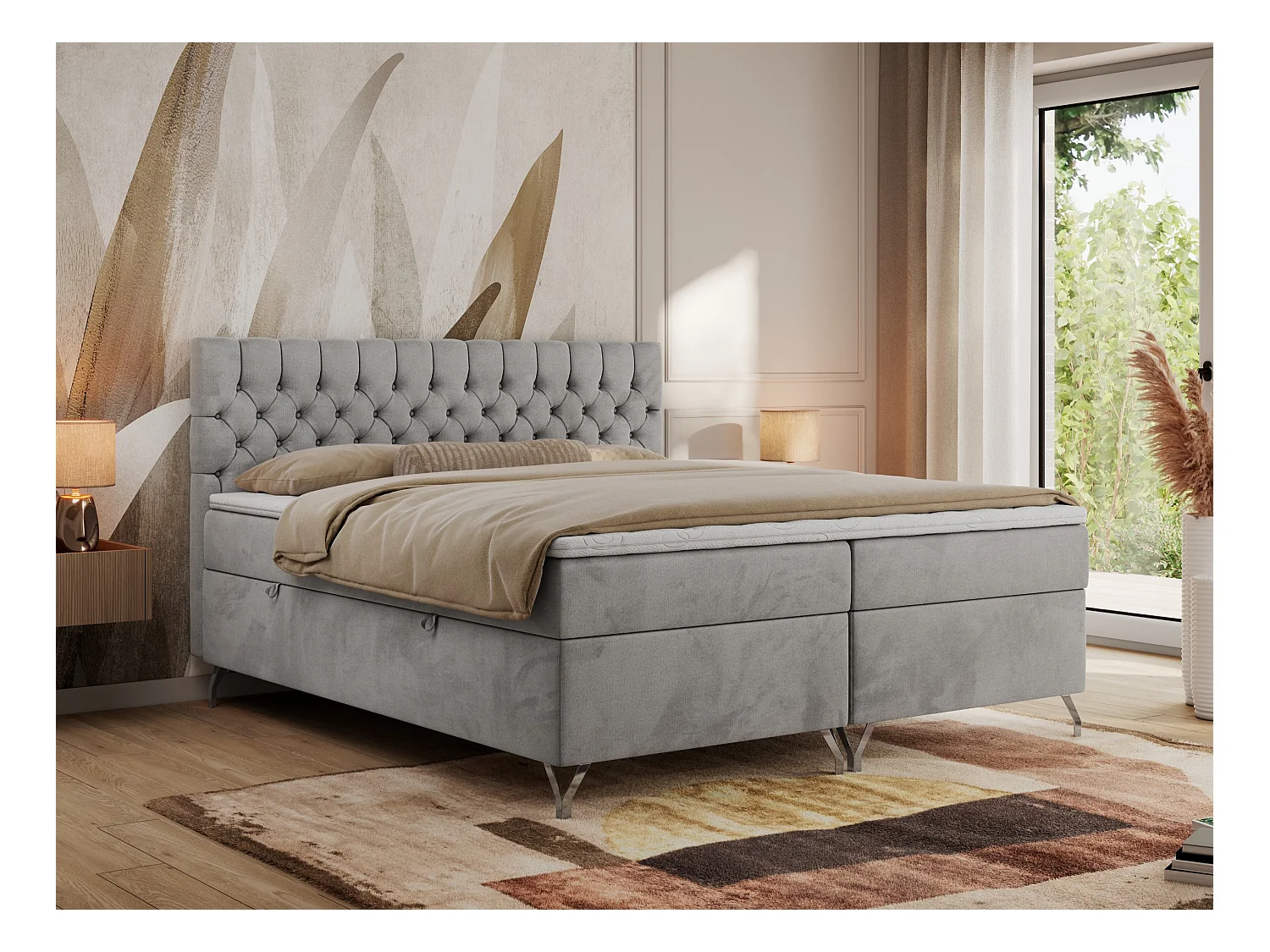 Boxspringbett GRIMALDI mit zwei Bettkästen, gesteppter Kopfstütze, Metallfüßen - 140x200 cm - H4 - Hellgrau Velvet